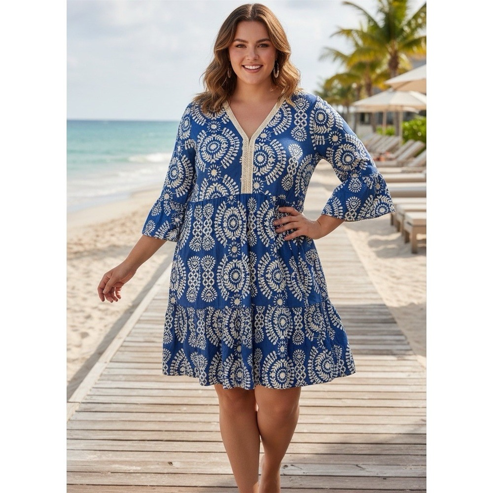Saiph Lab XL Dress Women Blue White Boho V Neck Ruffle Sleeve NWT Made in Italy